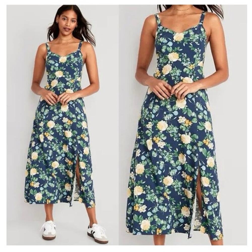 Old Navy floral midi dress XL side slit blue green yellow NWT strappy